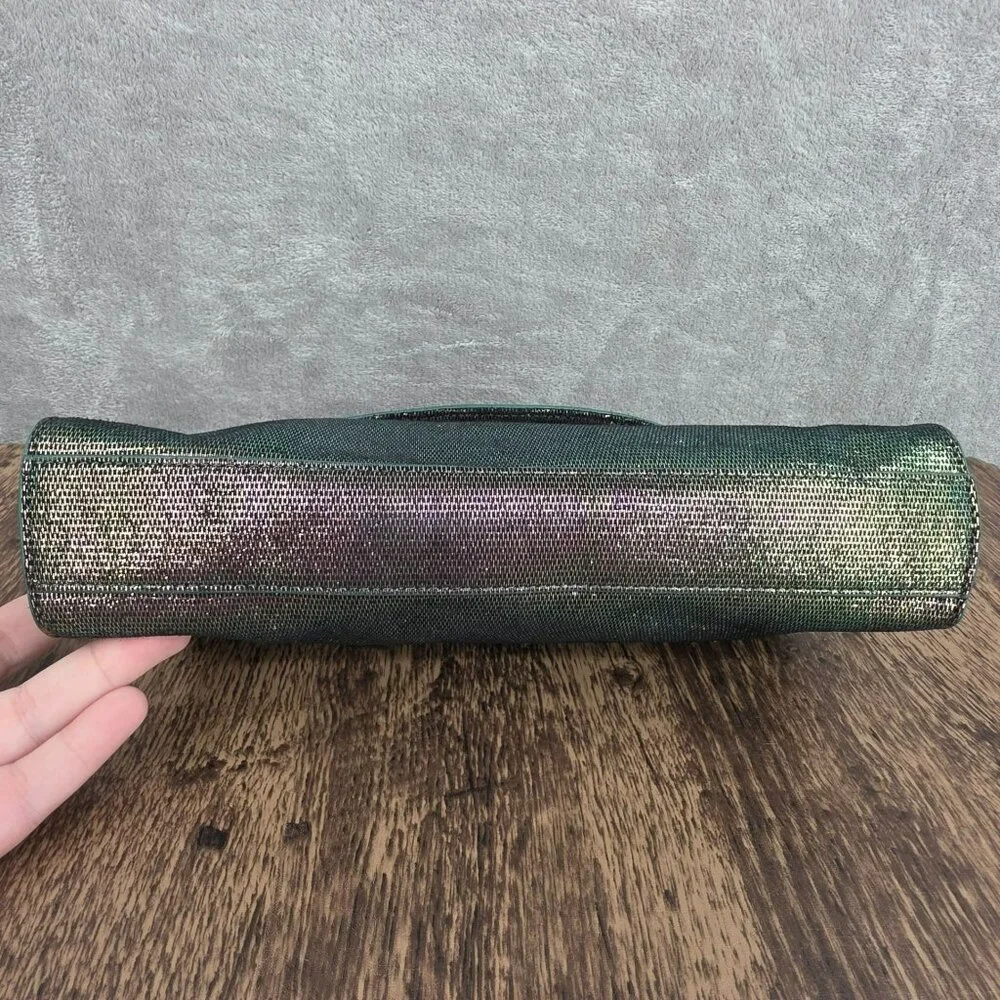 Tory Burch Austin Flap Clutch Bag Green Purple Iridescent Metallic Galaxy Cyber
